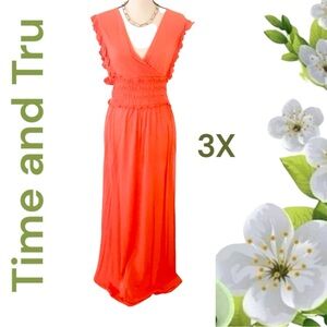 Time & Tru acoral Sleeveless Maxi 3X Faux Wrap V-neck Flutter Sleeve Smock waist
